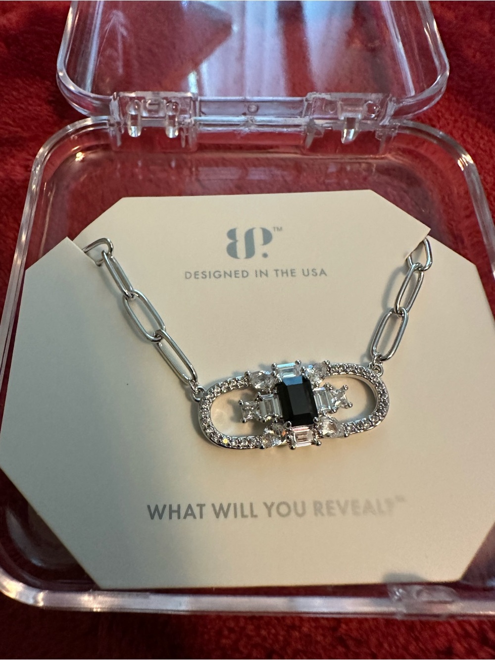 Silver-Tone Black Stone Pendant Necklace - Designed in the USA
